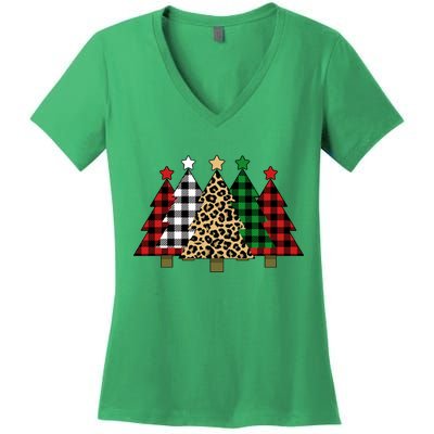 Christmas Trees Buffalo Plaid & Leopard Design Women's V-Neck T-Shirt