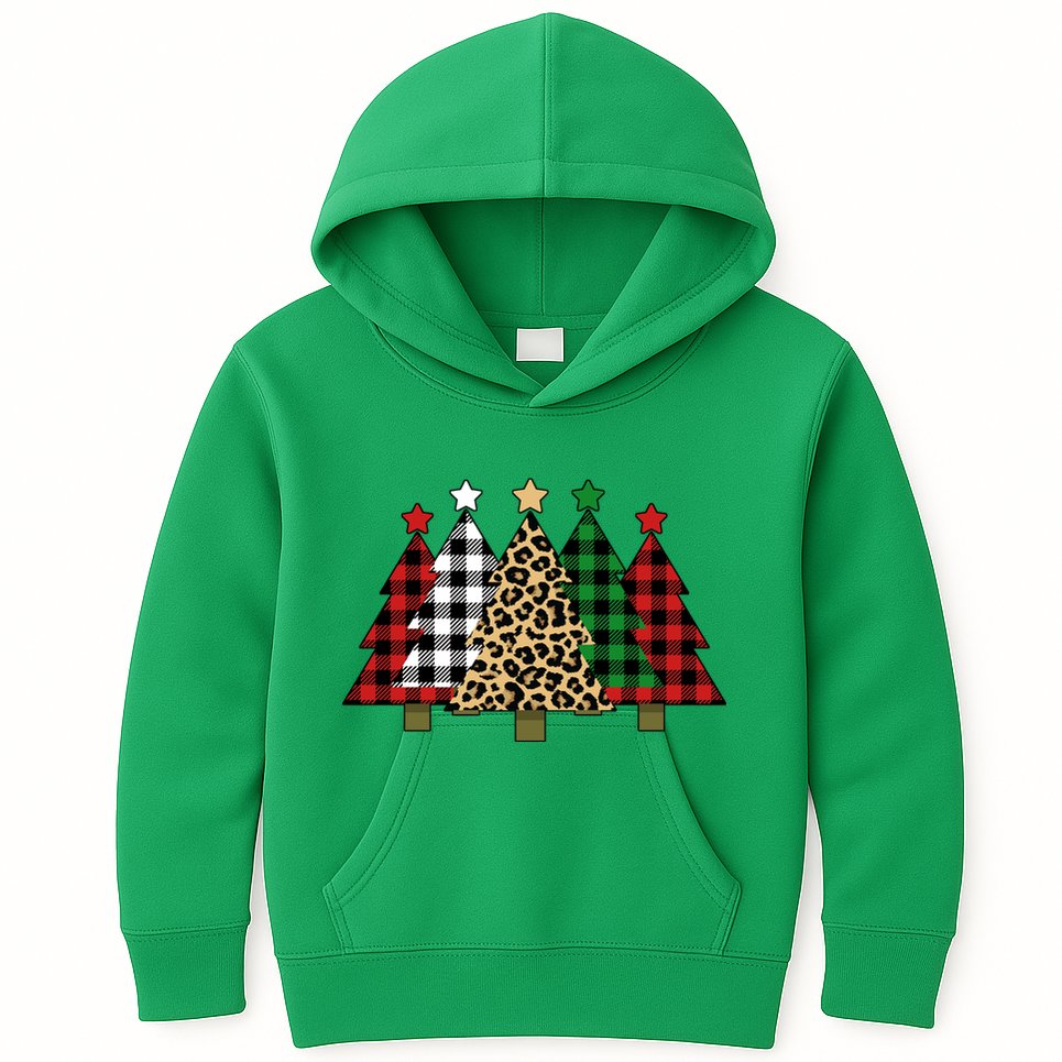 Christmas Trees Buffalo Plaid & Leopard Design Kids Hoodie