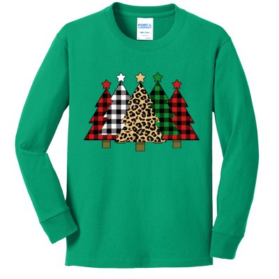 Christmas Trees Buffalo Plaid & Leopard Design Kids Long Sleeve Shirt