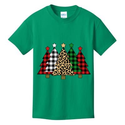 Christmas Trees Buffalo Plaid & Leopard Design Kids T-Shirt