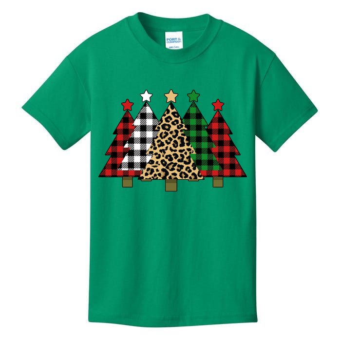 Christmas Trees Buffalo Plaid & Leopard Design Kids T-Shirt