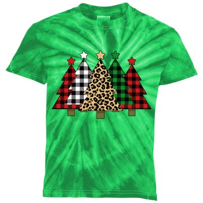 Christmas Trees Buffalo Plaid & Leopard Design Kids Tie-Dye T-Shirt