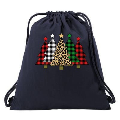 Christmas Trees Buffalo Plaid & Leopard Design Drawstring Bag