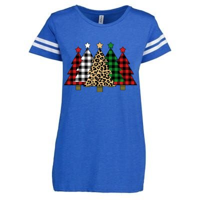 Christmas Trees Buffalo Plaid & Leopard Design Enza Ladies Jersey Football T-Shirt