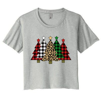 Christmas Trees Buffalo Plaid & Leopard Design Women's Crop Top Tee