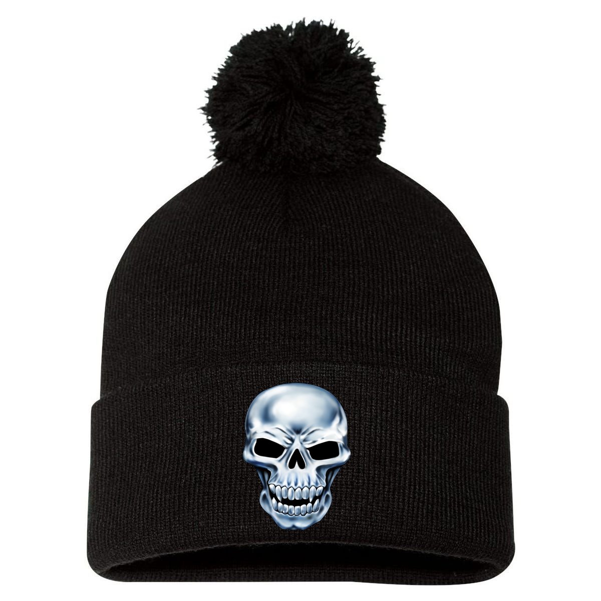 Chrome Skull Pom Pom 12in Knit Beanie