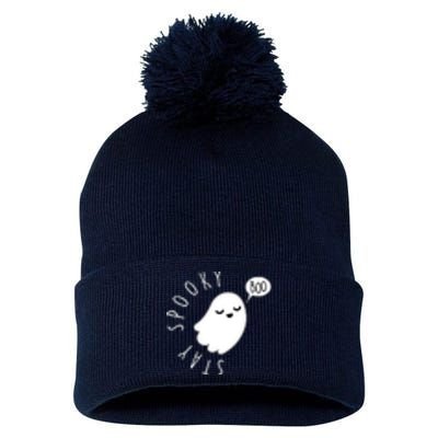 Cute Halloween Stay Spooky Ghost Pom Pom 12in Knit Beanie