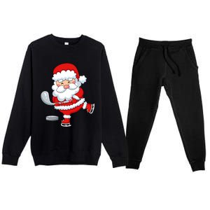 Christmas Hockey Santa Playing Hockey Santa Hockey Player Cute Gift Premium Crewneck Sweatsuit Set