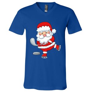 Christmas Hockey Santa Playing Hockey Santa Hockey Player Cute Gift V-Neck T-Shirt