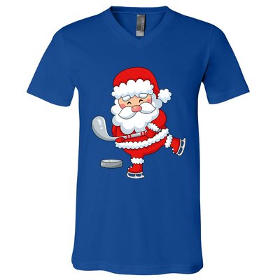 Christmas Hockey Santa Playing Hockey Santa Hockey Player Cute Gift V-Neck T-Shirt