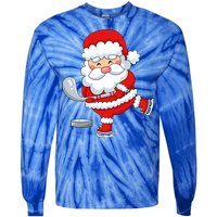 Christmas Hockey Santa Playing Hockey Santa Hockey Player Cute Gift Tie-Dye Long Sleeve Shirt