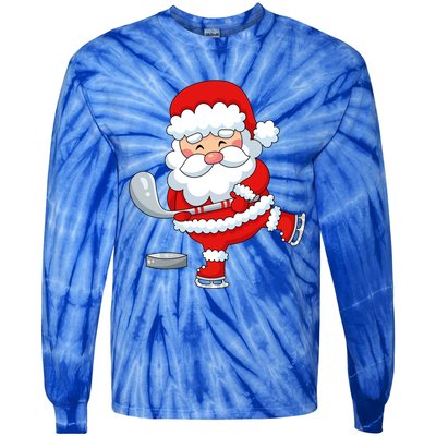 Christmas Hockey Santa Playing Hockey Santa Hockey Player Cute Gift Tie-Dye Long Sleeve Shirt