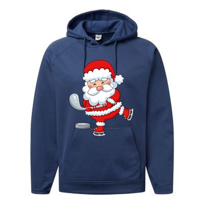 Christmas Hockey Santa Playing Hockey Santa Hockey Player Cute Gift Performance Fleece Hoodie