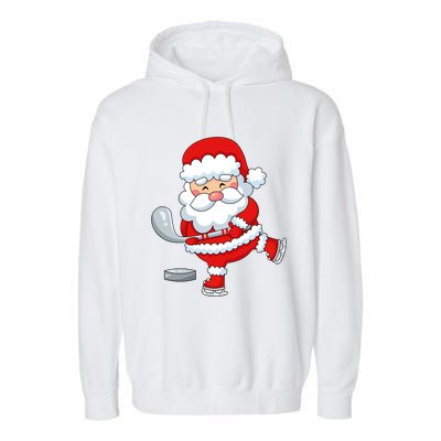 Christmas Hockey Santa Playing Hockey Santa Hockey Player Cute Gift Garment-Dyed Fleece Hoodie