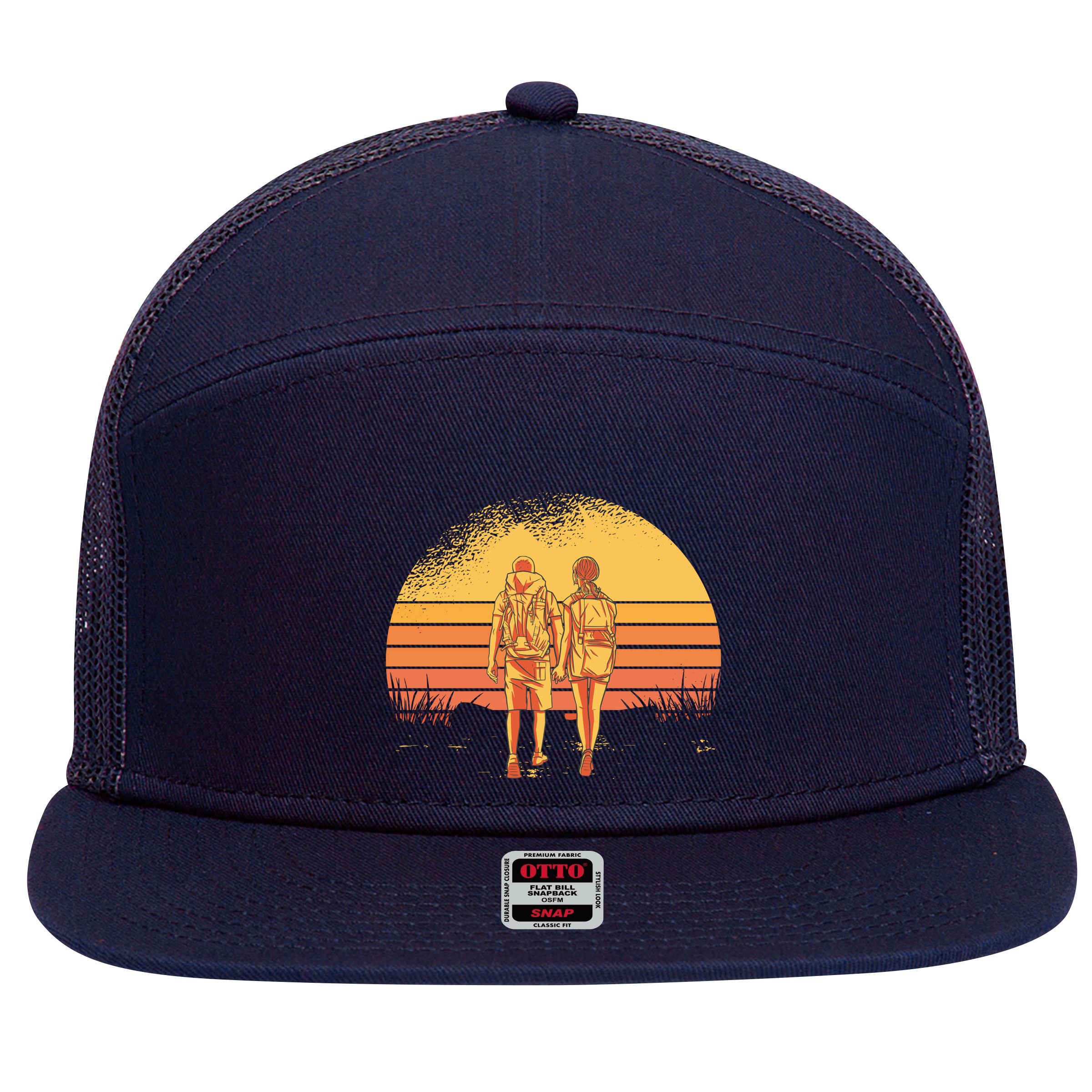 Couple Hiking Sunset 7 Panel Mesh Trucker Snapback Hat