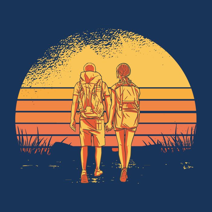 Couple Hiking Sunset 7 Panel Mesh Trucker Snapback Hat