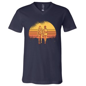 Couple Hiking Sunset V-Neck T-Shirt