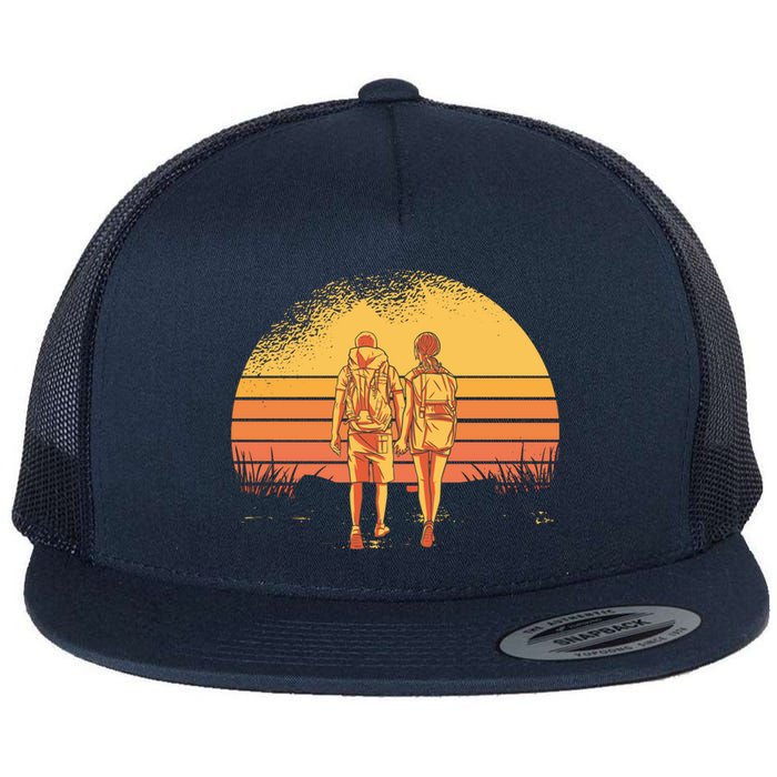 Couple Hiking Sunset Flat Bill Trucker Hat