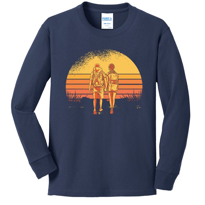 Couple Hiking Sunset Kids Long Sleeve Shirt