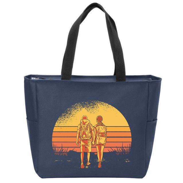 Couple Hiking Sunset Zip Tote Bag