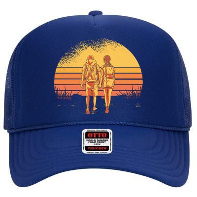 Couple Hiking Sunset High Crown Mesh Back Trucker Hat