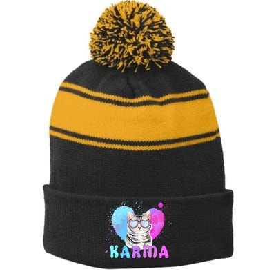 Cat Heart Shape Funny Gifts For Karma Stripe Pom Pom Beanie