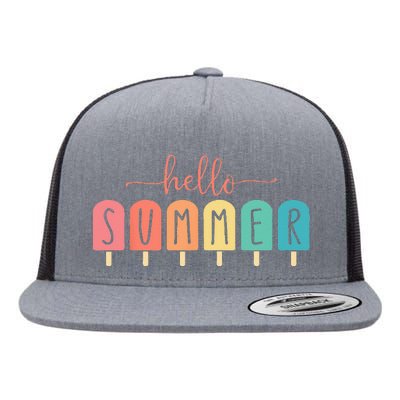 Colorful Hello Summer Popsicle Graphic Flat Bill Trucker Hat