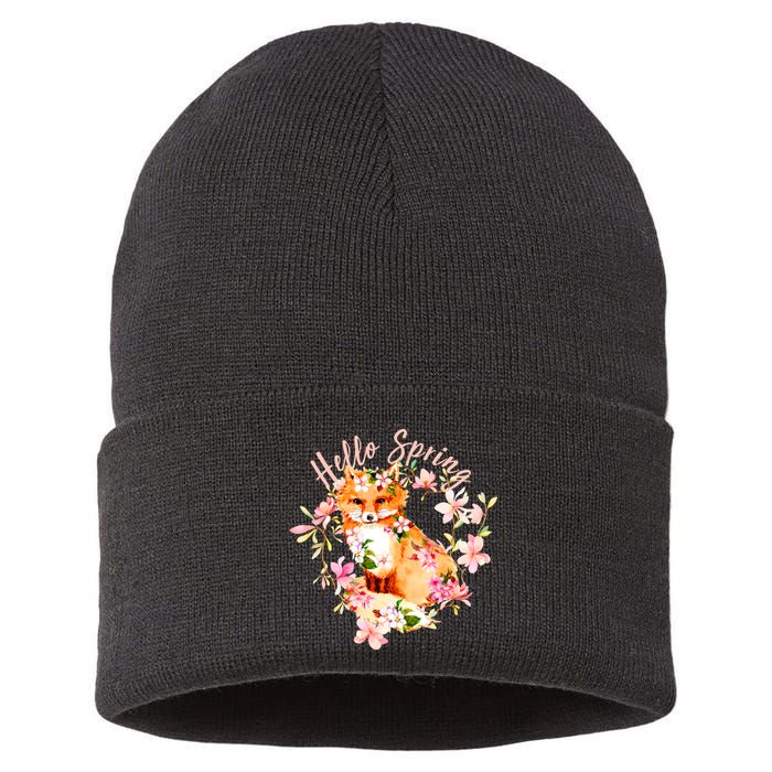 Cute Hello Spring Flower Fox Sustainable Knit Beanie