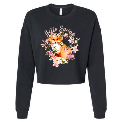 Cute Hello Spring Flower Fox Cropped Pullover Crew