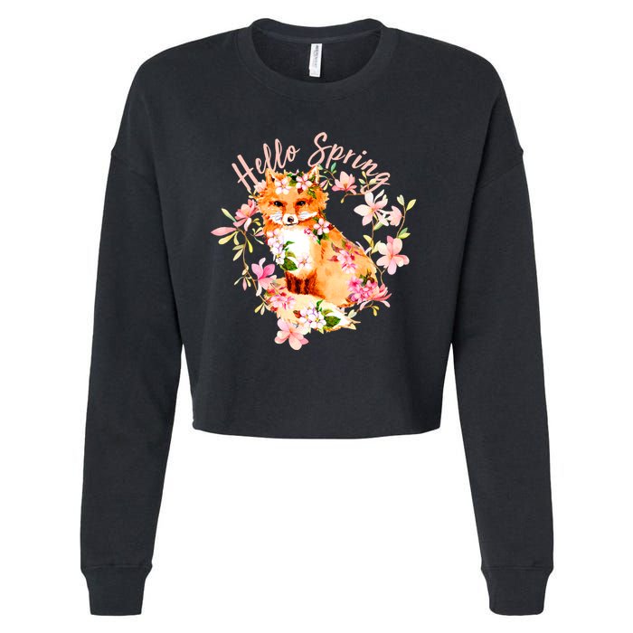 Cute Hello Spring Flower Fox Cropped Pullover Crew
