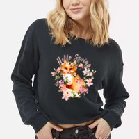 Cute Hello Spring Flower Fox Cropped Pullover Crew