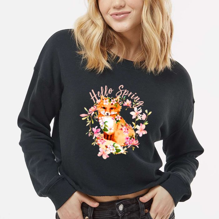 Cute Hello Spring Flower Fox Cropped Pullover Crew
