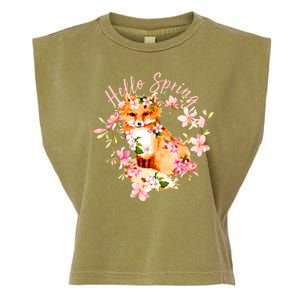 Cute Hello Spring Flower Fox Garment-Dyed Women's Muscle Tee