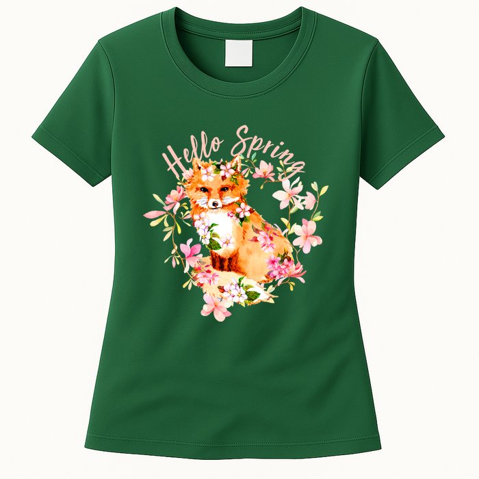 Cute Hello Spring Flower Fox Womens T-Shirt