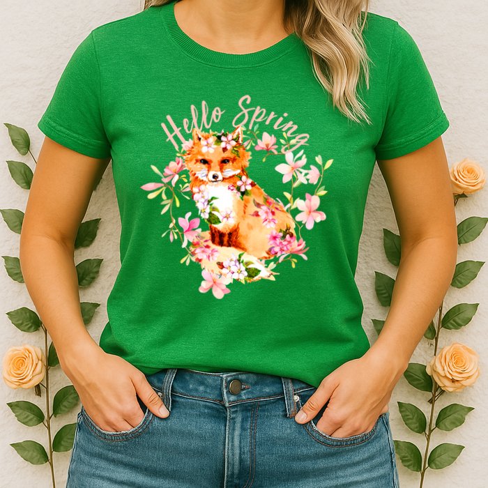 Cute Hello Spring Flower Fox Womens T-Shirt