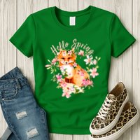 Cute Hello Spring Flower Fox Womens T-Shirt