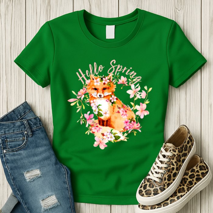 Cute Hello Spring Flower Fox Womens T-Shirt