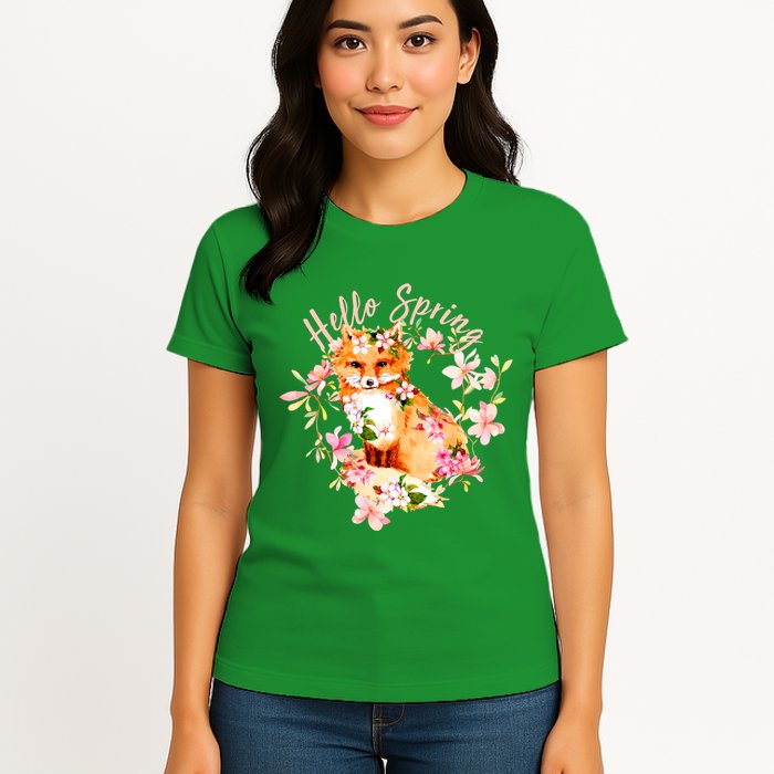 Cute Hello Spring Flower Fox Womens T-Shirt