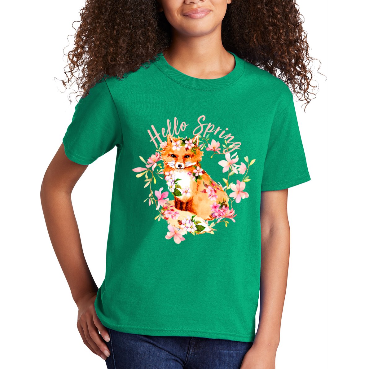 Cute Hello Spring Flower Fox Kids T-Shirt
