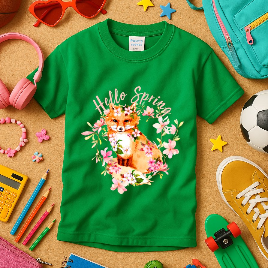 Cute Hello Spring Flower Fox Kids T-Shirt