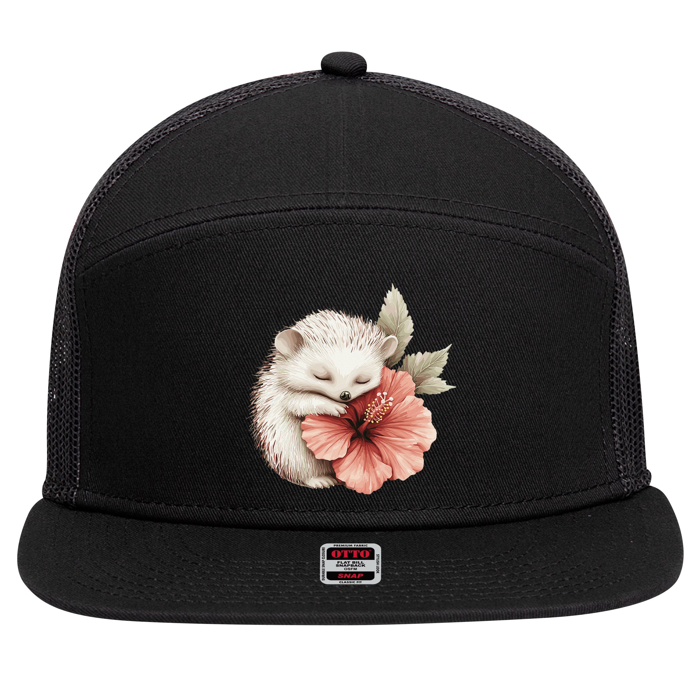 Cute Hedgehog Sleeping Hugging Flower 7 Panel Mesh Trucker Snapback Hat