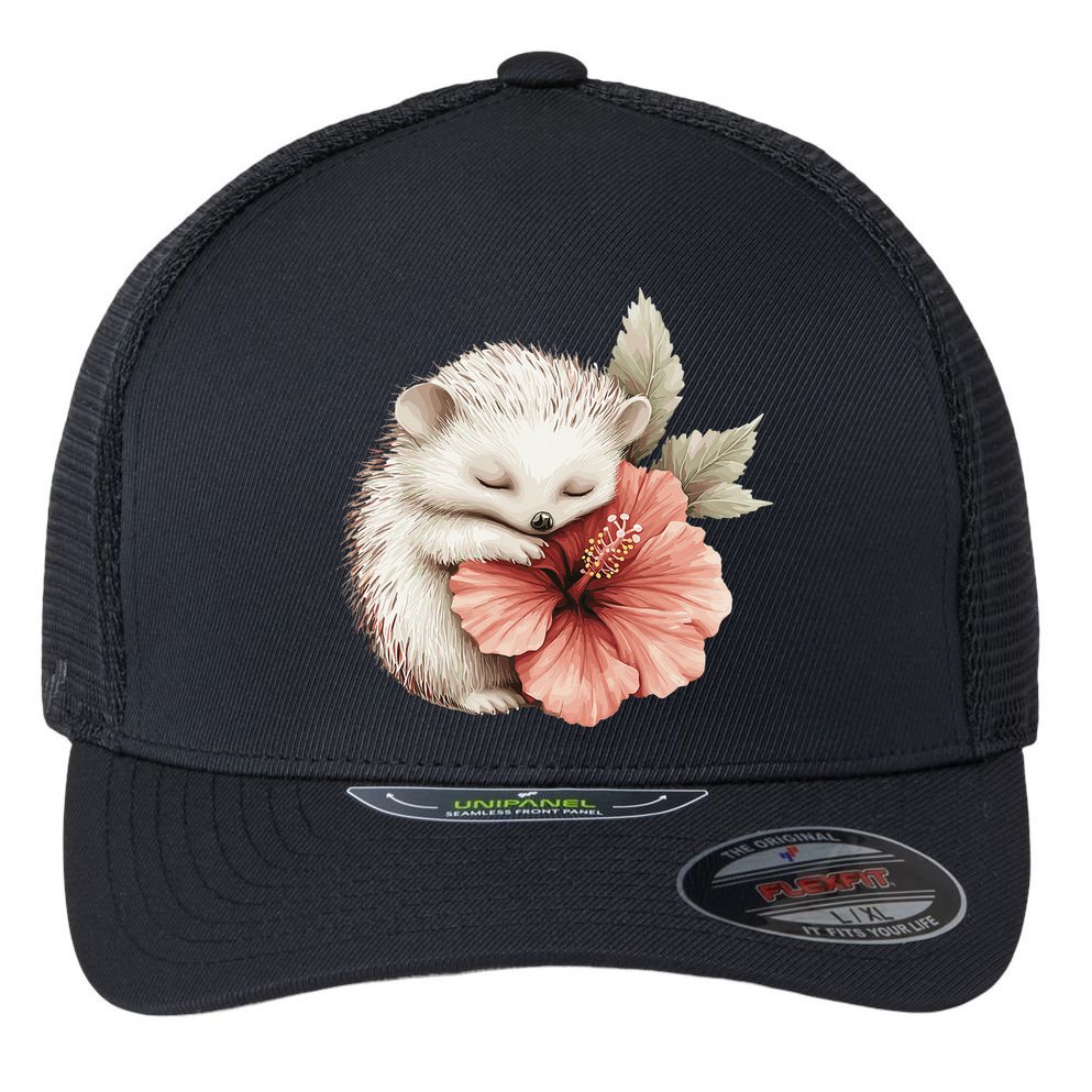 Cute Hedgehog Sleeping Hugging Flower Flexfit Unipanel Trucker Cap