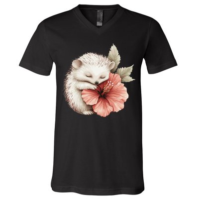 Cute Hedgehog Sleeping Hugging Flower V-Neck T-Shirt