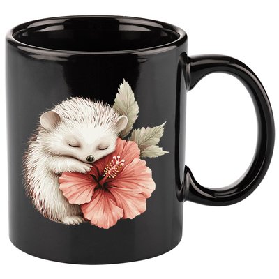 Cute Hedgehog Sleeping Hugging Flower 11oz C Handle Ceramic Mug