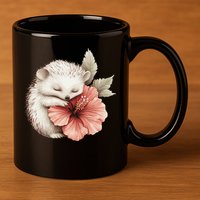 Cute Hedgehog Sleeping Hugging Flower 11oz C Handle Ceramic Mug