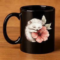 Cute Hedgehog Sleeping Hugging Flower 11oz C Handle Ceramic Mug