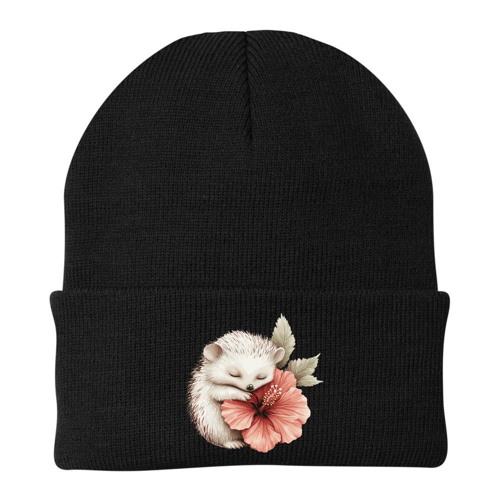 Cute Hedgehog Sleeping Hugging Flower Beanie