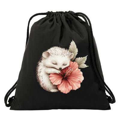 Cute Hedgehog Sleeping Hugging Flower Drawstring Bag