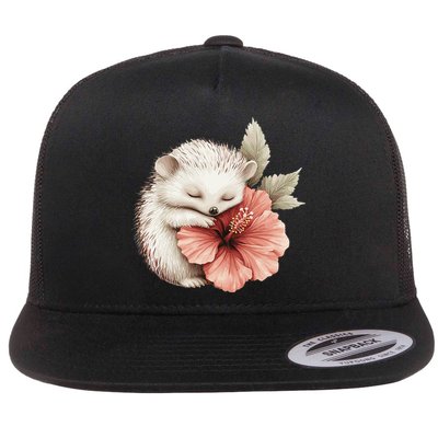 Cute Hedgehog Sleeping Hugging Flower Flat Bill Trucker Hat