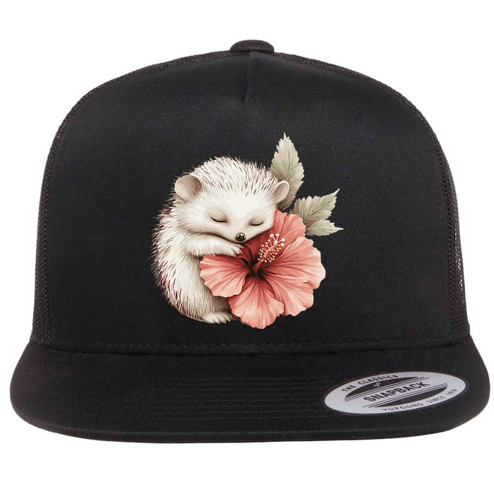 Cute Hedgehog Sleeping Hugging Flower Flat Bill Trucker Hat